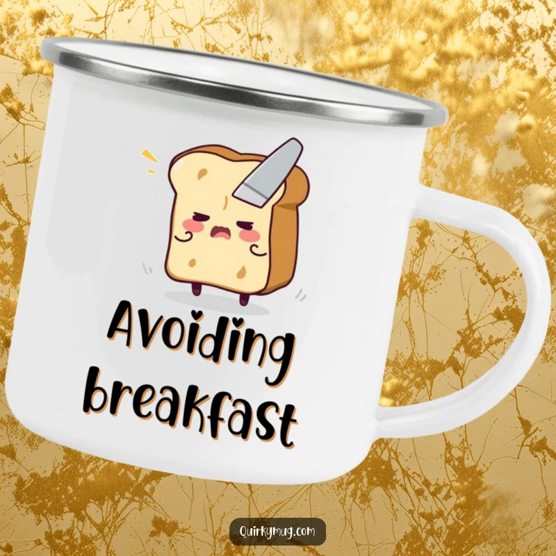 Funny camping mug with a flustered toast character making a daring escape from a butter knife, rugged and humorous.