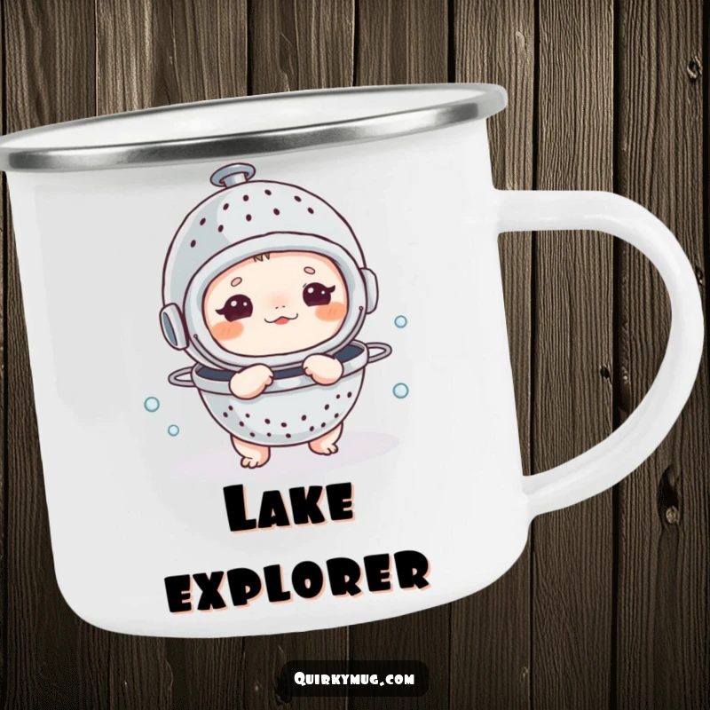 Funny camping mug showing a small creature humorously wearing a colander as a diving helmet, ready for outdoor escapades.