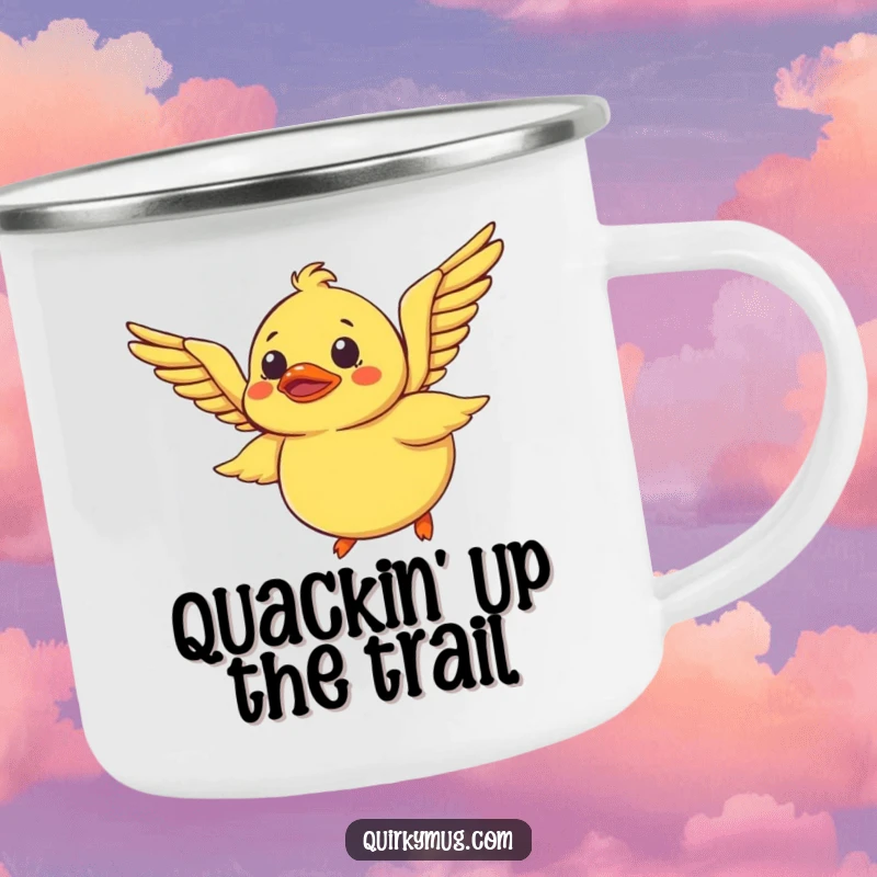 Funny Rubber Duck Camping Mug: A bewildered rubber duck tries to fly using its wings, a durable and hilarious mug for campers.