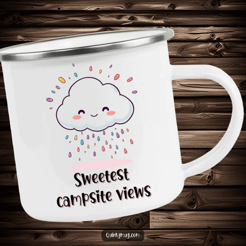Funny cloud character raining sprinkles, designed for a rugged camping mug.
