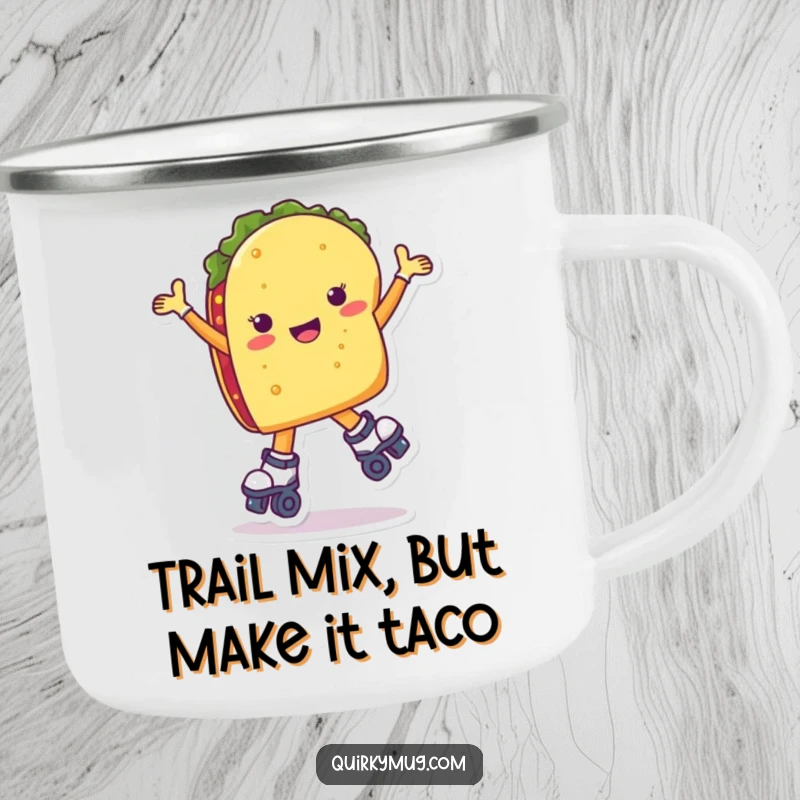 Funny taco character with flailing arms on roller skates, designed for a rugged camping mug.
