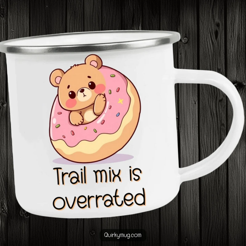 Funny camping mug: Cheerful bear character tripping over a giant rolling donut, comically surprised, ideal funny gift.