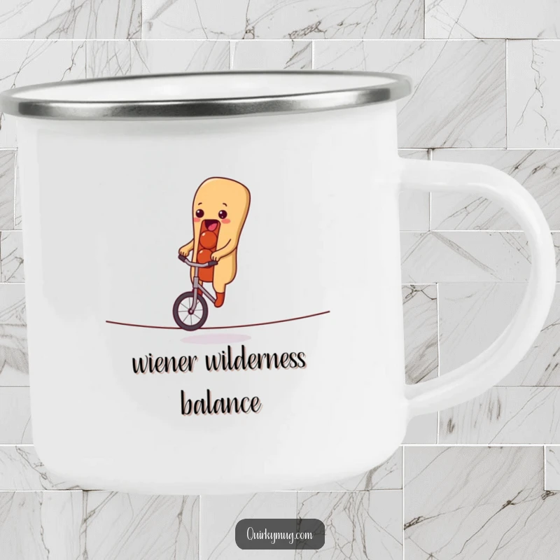 Funny camping mug showing a determined hot dog character riding a unicycle on a tightrope, ready for campfire stories and brews.
