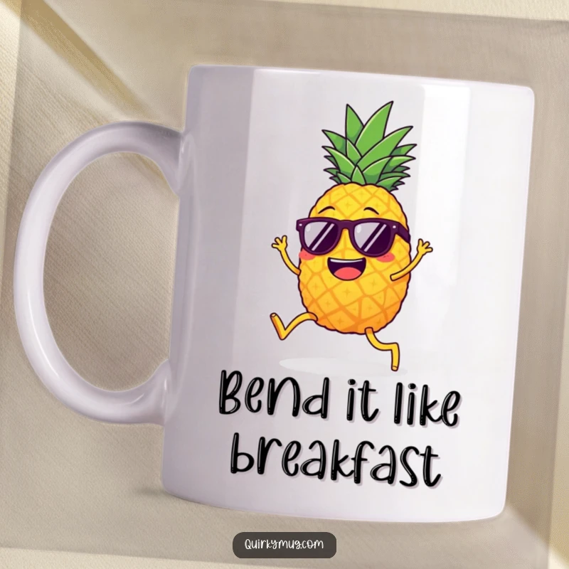 Funny giggling pineapple with legs wearing sunglasses attempting to limbo, a vibrant and humorous mug design.