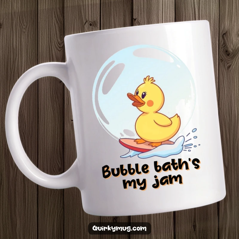 Funny rubber duck comically attempting to surf an enormous, iridescent soap bubble, a hilarious and whimsical scene for a mug.