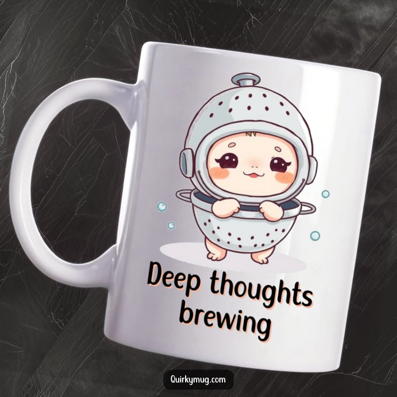 Funny mug showing a small creature comically wearing a colander as a diving helmet, ready for an unexpected underwater journey.