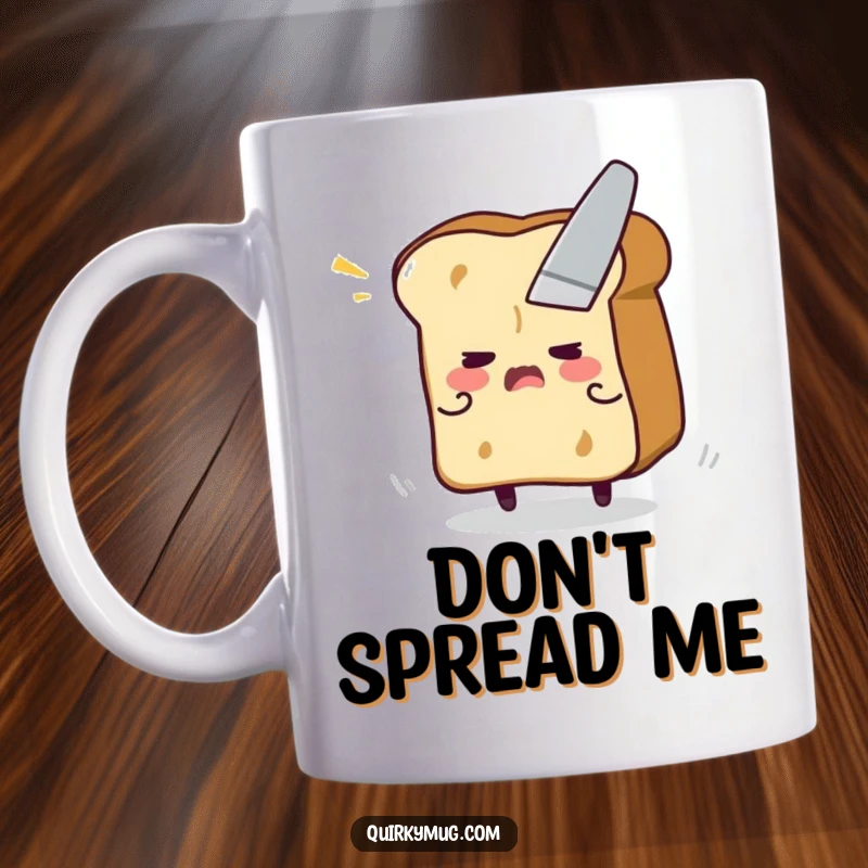 Funny mug showing a flustered toast character comically attempting to escape the menacing approach of a butter knife.