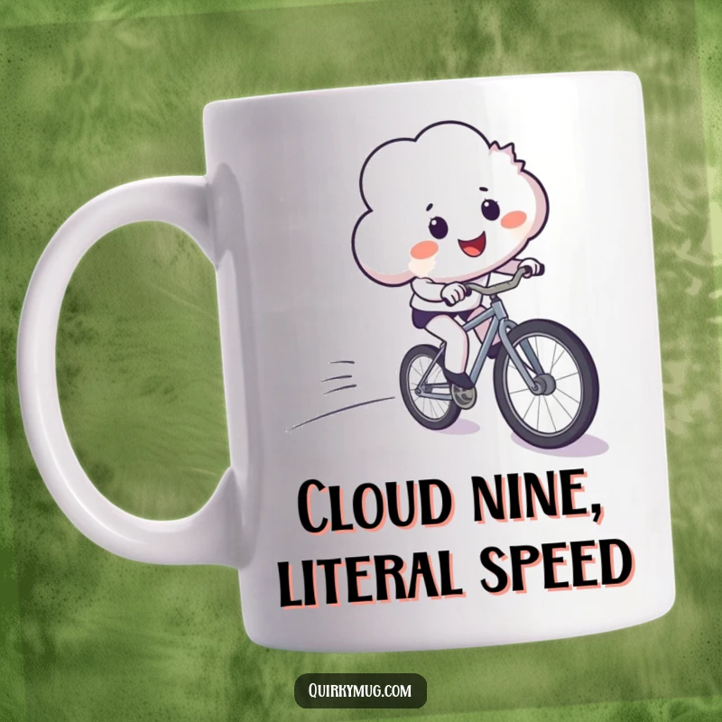 Funny mug featuring a smiling cloud losing control while riding a bicycle downhill, a hilarious depiction of extreme sport gone wrong.