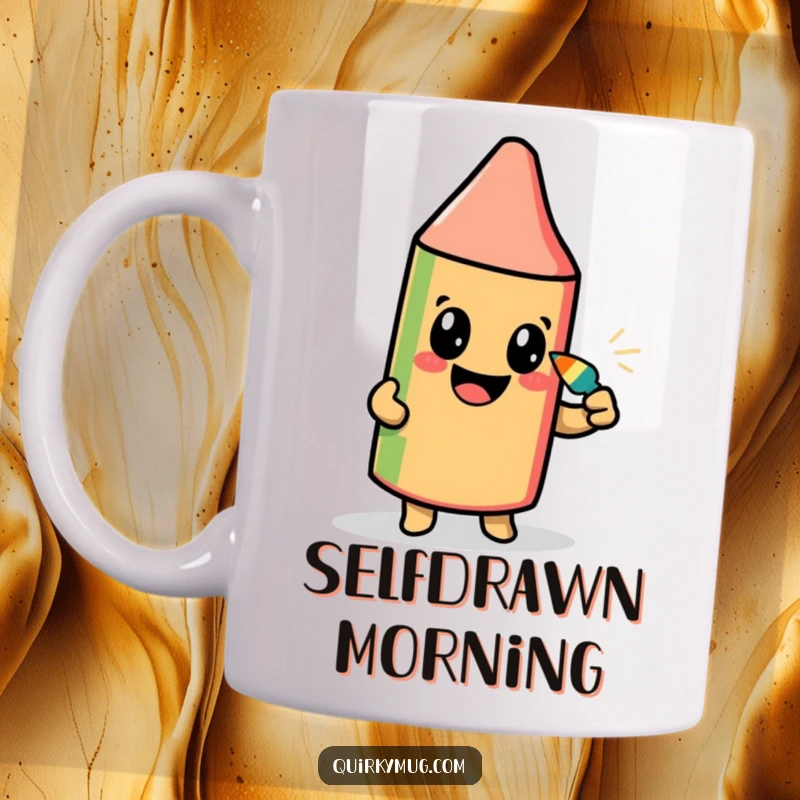 Funny mug depicting a beaming crayon character hilariously drawing its self-portrait using its own tip, showcasing artistic effort.