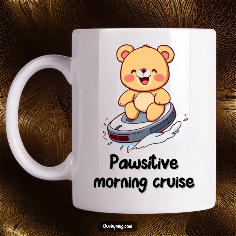 Funny mug featuring a giggling teddy bear riding a Roomba like a surfboard with pure delight.