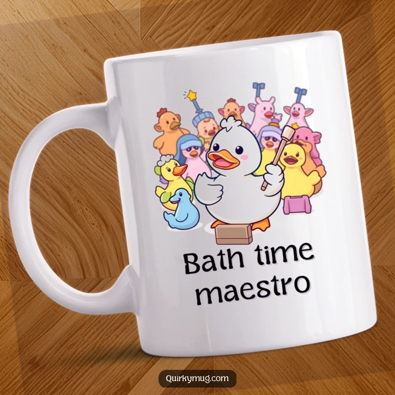 Funny Kawaii rubber duck character energetically conducting bath toys with a tiny baton on this humorous mug.