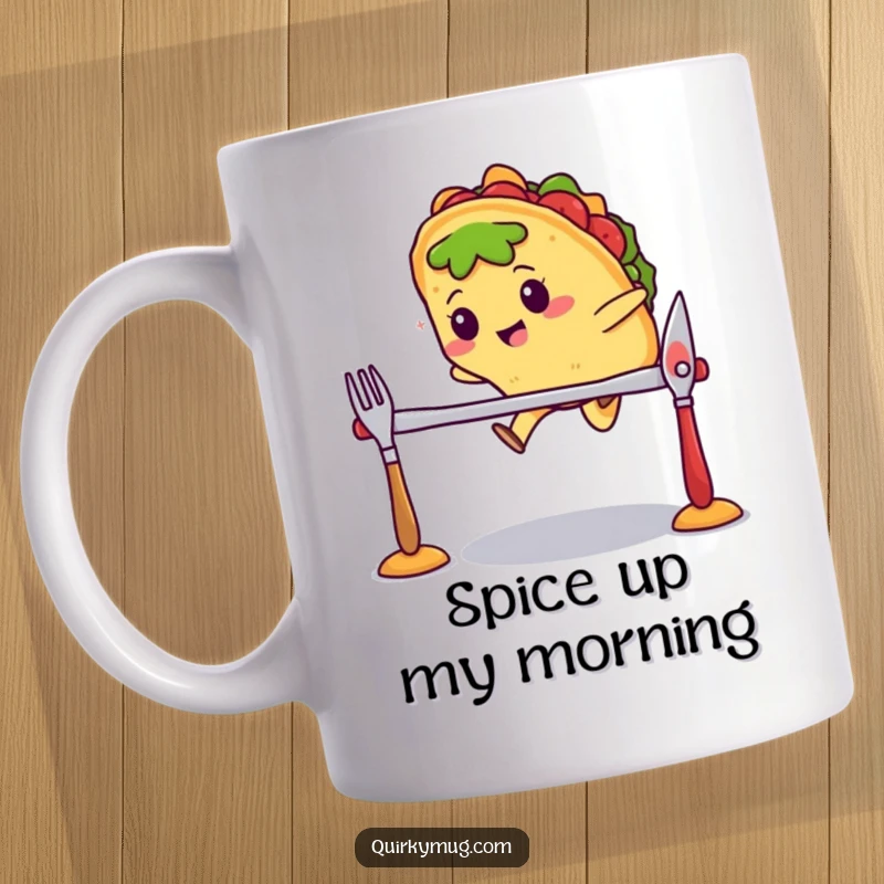 Funny Kawaii taco character mid-air, jumping over a hurdle made of cutlery on a mug, looking athletic.