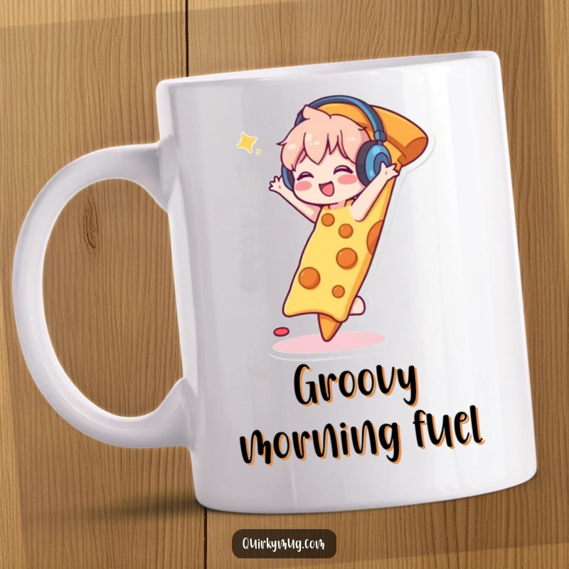 Funny mug with a cute character wearing headphones, happily dancing on a giant slice of pizza, full of joy.
