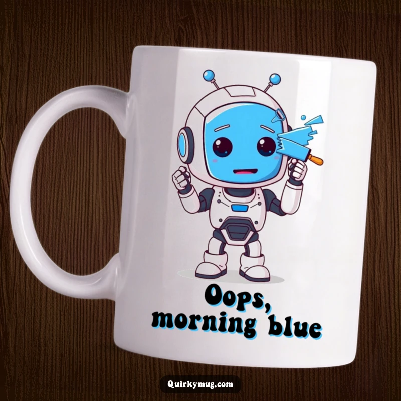 Funny mug showing a cute, clumsy robot with wide eyes, accidentally covered head-to-toe in bright blue paint, looking surprised.