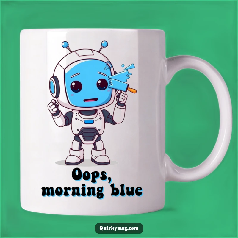 Funny Robot Art Mug: Blue Face Mishap Design, Hilarious Gift!