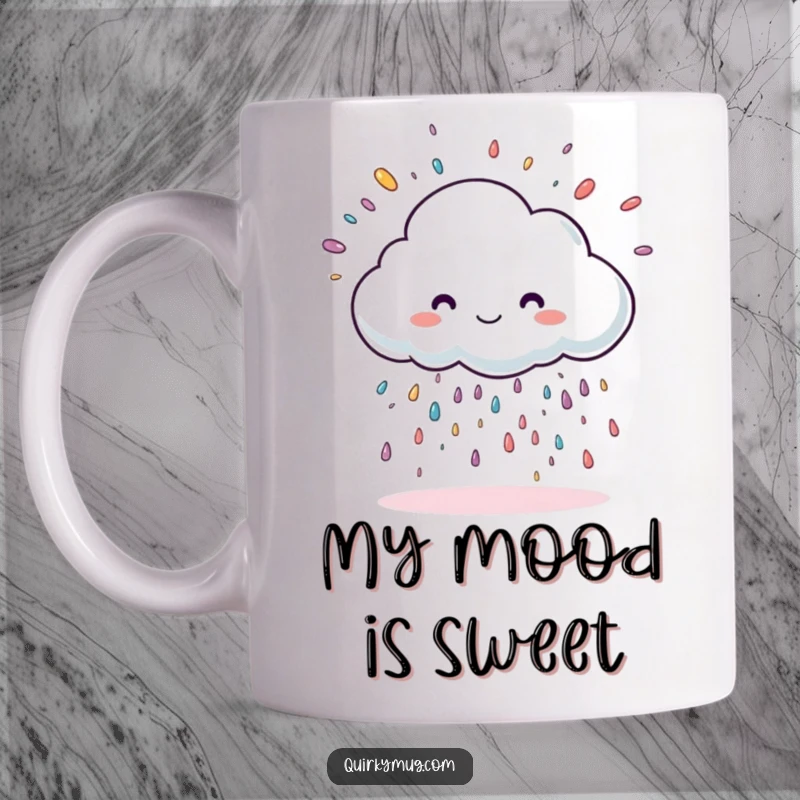 Funny cloud character raining oversized colorful sprinkles, depicted on a cheerful mug.