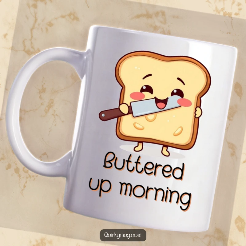 Funny mug depicting a delighted slice of toast trying to butter itself with a rogue butter knife.