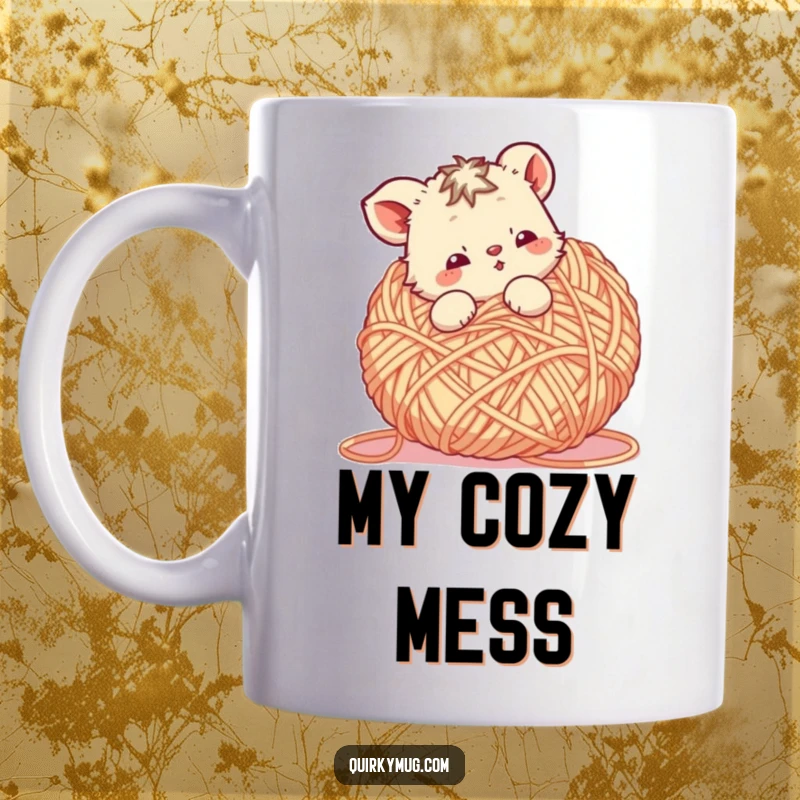 Funny Yarn Animal Mug: A cute animal character playfully tangled in a car-sized ball of yarn, a humorous gift.