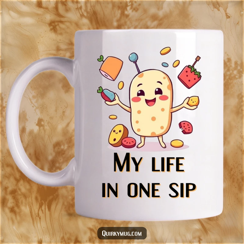 Funny coffee mug featuring a smiling cartoon food item gleefully juggling various random objects in a chaotic, humorous display.