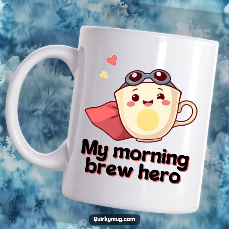 Funny mug featuring a smiling teacup wearing a superhero cape, soaring joyfully sideways with pure excitement.