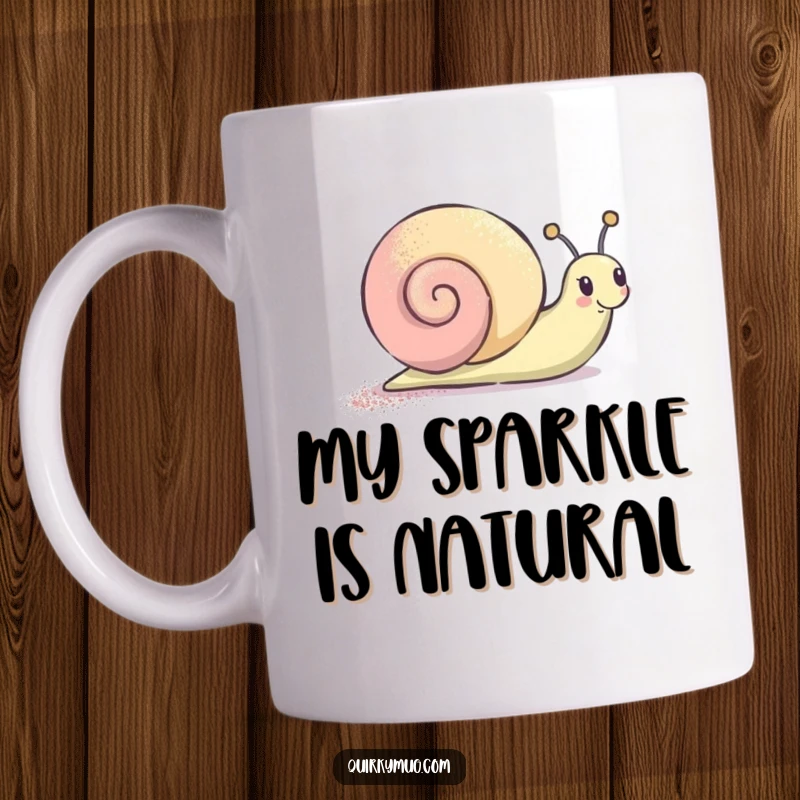 Funny Mug featuring a joyful snail character leaving a sparkly glitter trail, spreading happiness and humor.