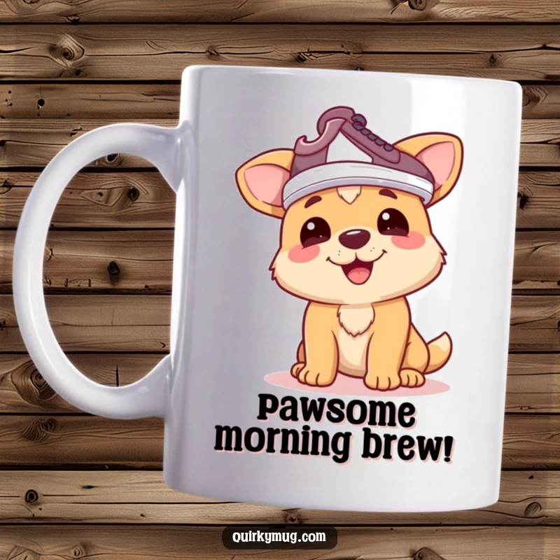 Funny dog mug: Happy dog character humorously wearing a shoe on its head as a silly hat, great funny gift.