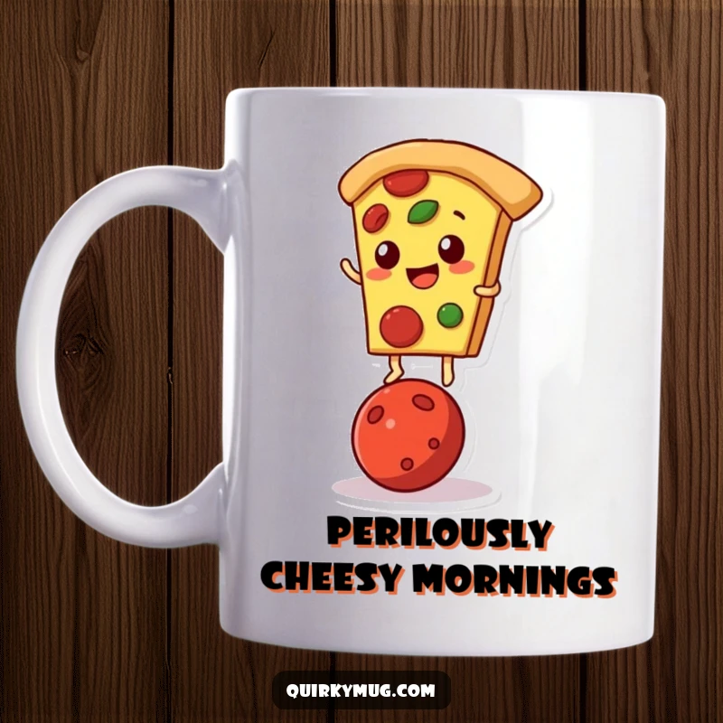 Funny mug showing a pizza slice character precariously balancing on a single pepperoni.
