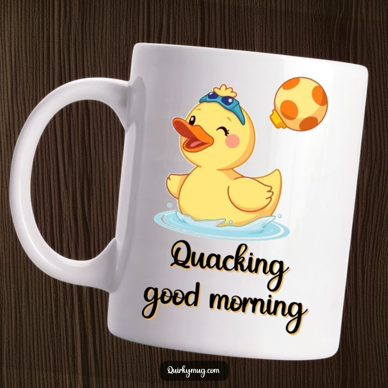 Funny mug featuring a cheerful giant rubber duck wearing swim fins and doing a cannonball splash.