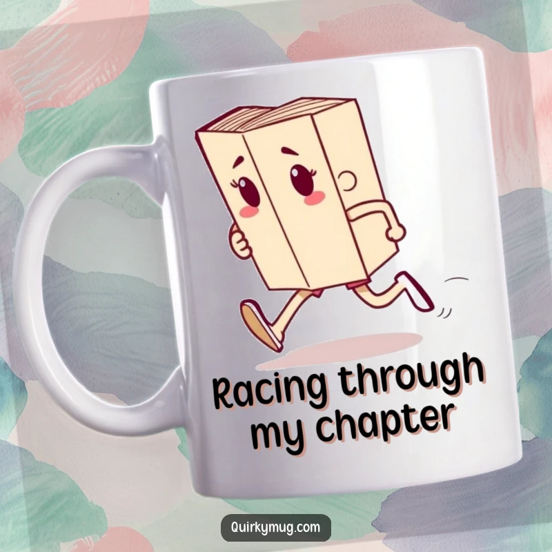 Funny mug showing a book character with arms and legs attempting to run a race, symbolizing the effort of learning.