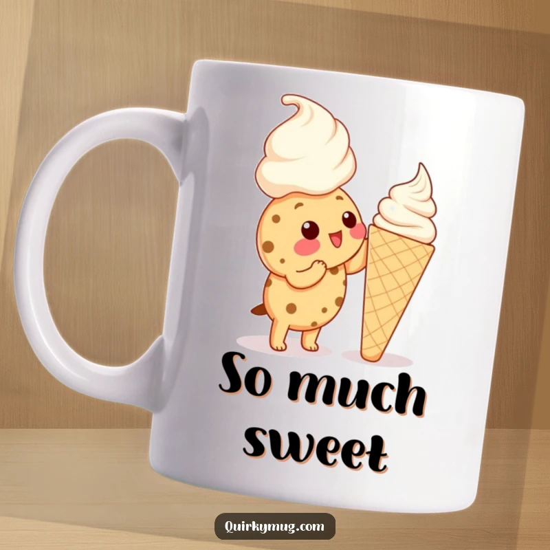 Funny Kawaii cookie character reaching up to lick a huge ice cream cone on a mug, looking determined.