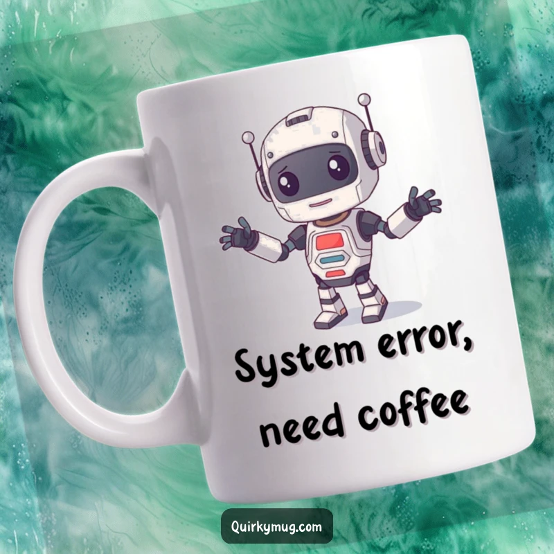Funny Mug featuring a curious robot character with limbs flailing wildly while attempting to dance, showcasing robotic clumsiness.