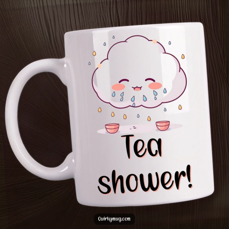Funny Kawaii cloud character sweating profusely, raining down tiny teacups on this whimsical mug.
