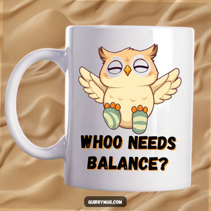 Funny giggling owl character hilariously attempting to fly, wearing oversized, mismatched socks, looking comically unbalanced.