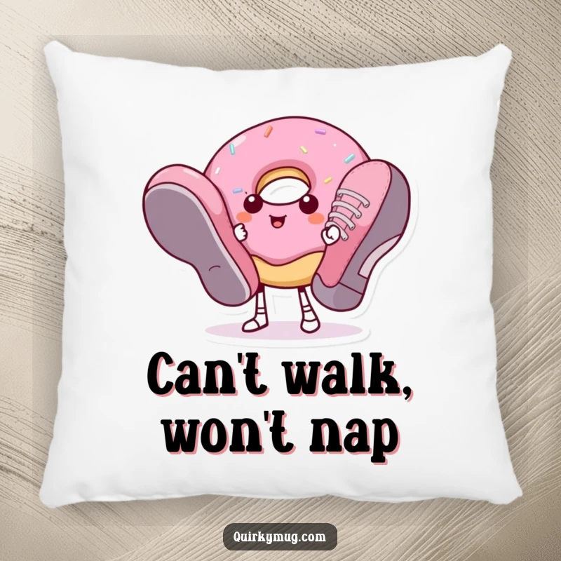 Funny donut character in oversized shoes, printed on a soft, decorative pillow.