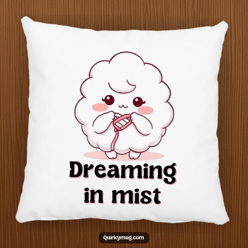 Funny pillow showing a fluffy cloud character hilariously knitting with its own mist, providing comfort and a chuckle.