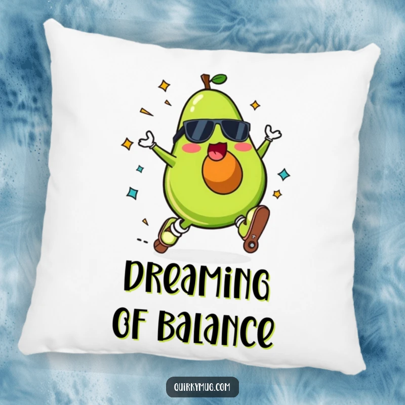 Funny Kawaii avocado character on a pillow, roller skating and falling spectacularly with a surprised expression.