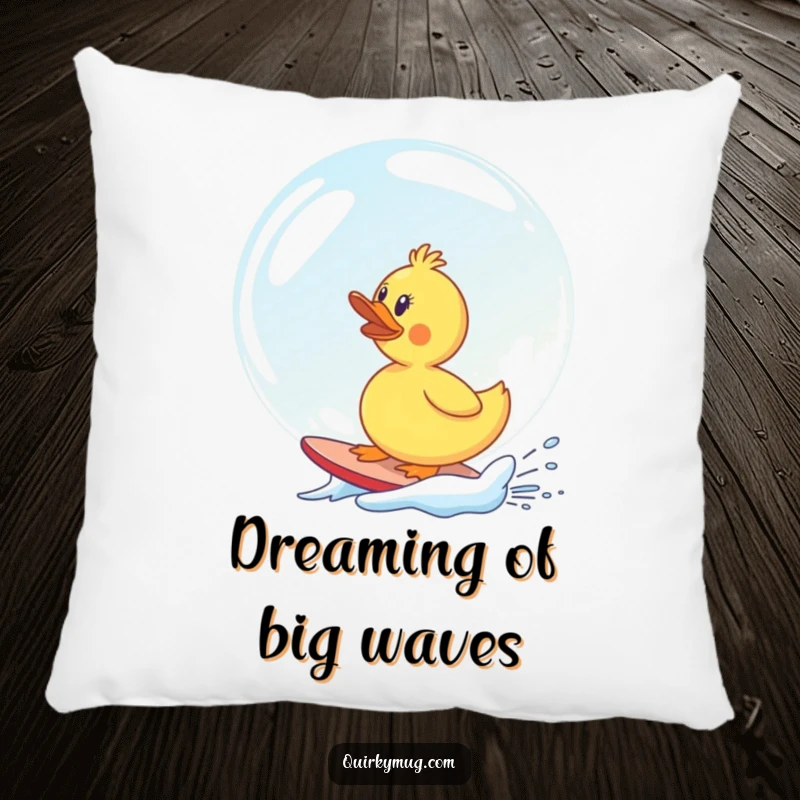 Funny rubber duck character hilariously surfing a giant soap bubble, a soft and amusing pillow for comfort.