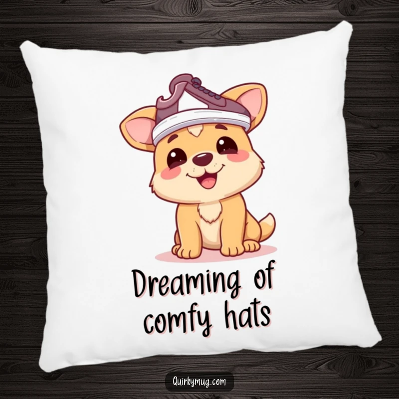 Funny dog pillow: Happy dog character wearing a shoe on its head like a hat, plush and funny gift.