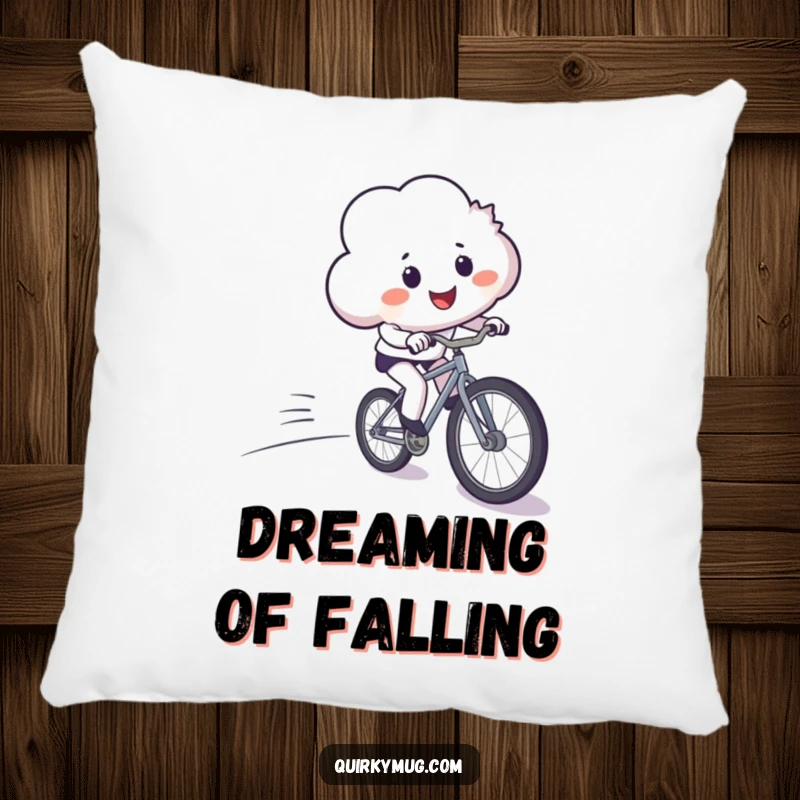 Funny pillow showing a smiling cloud comically losing control while riding a bicycle downhill, soft and humorous decor item.