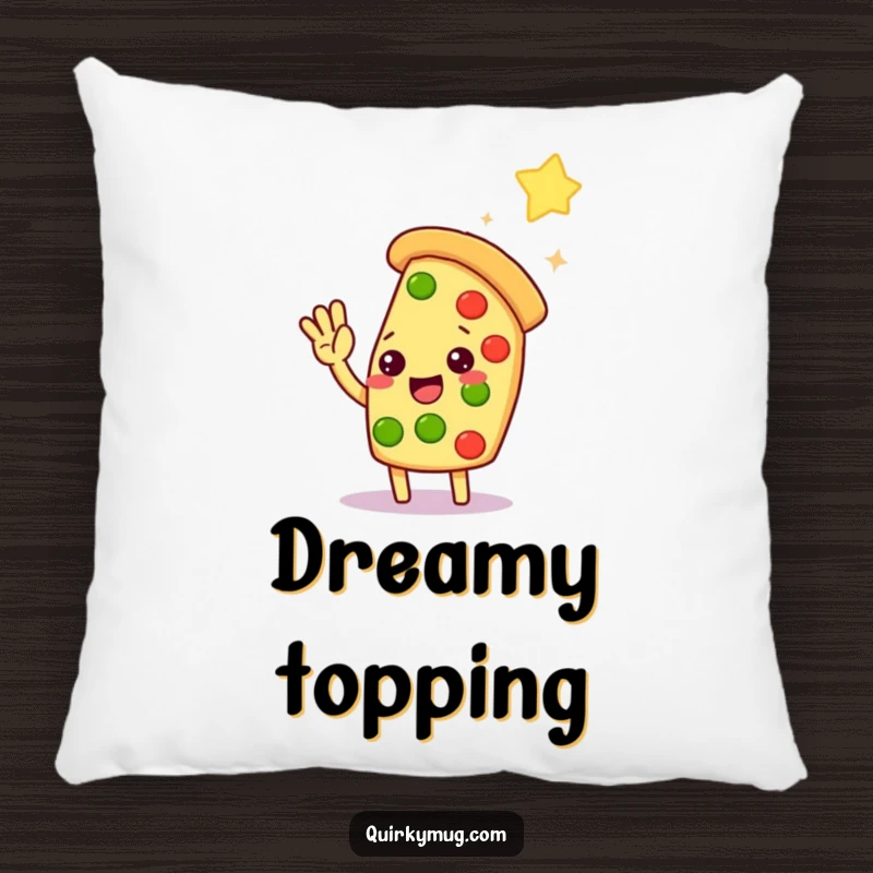 Funny Kawaii pizza slice character reaching for a distant star on a soft pillow, designed for comfort and smiles.