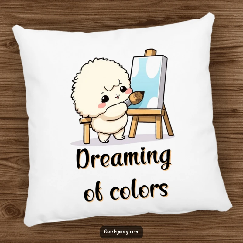 Funny Art Creature Pillow: A fluffy creature painting with a giant brush, a soft and humorous decor item.