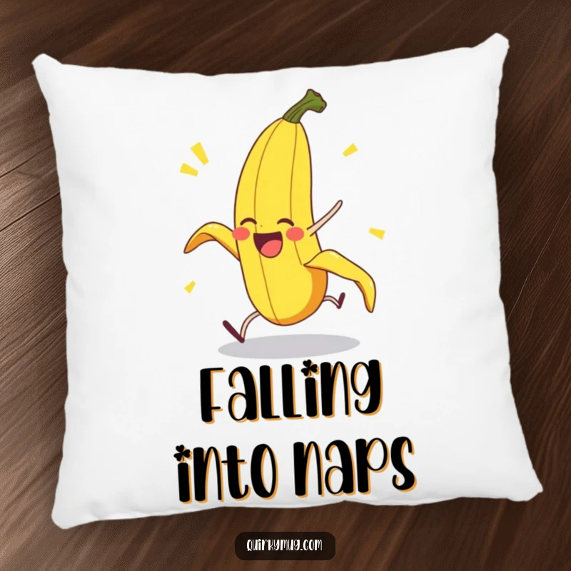 Funny Banana Peel Pillow: A delighted banana peel character in an exaggerated pratfall offers cozy comfort and a humorous touch to any room.