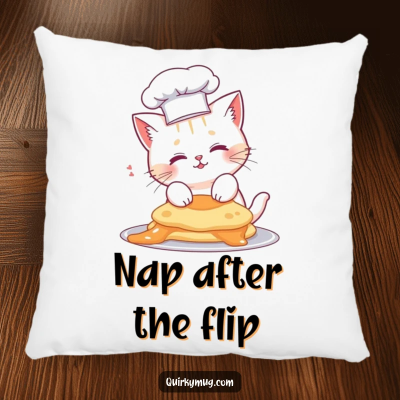 Funny cat chef pillow, cute feline wearing a chef hat, with a pancake hilariously stuck on its head.