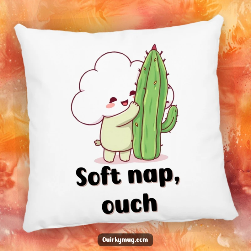 Funny happy cloud character attempting a hug on a very pointy cactus, a soft and humorous pillow design.
