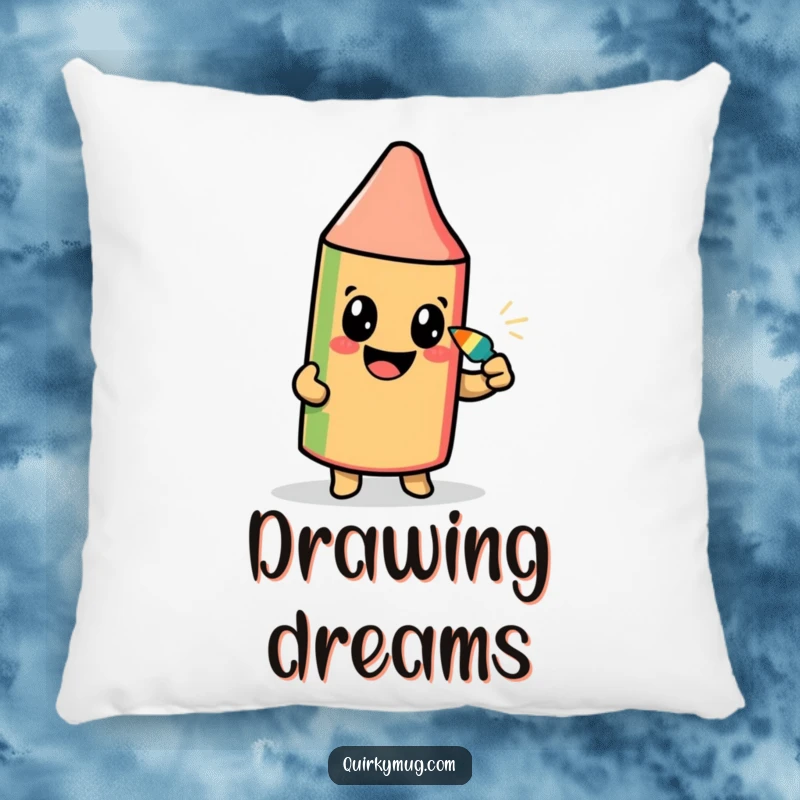 Funny pillow featuring a beaming crayon character attempting to draw its self-portrait with its own pointed tip, cozy and cute.