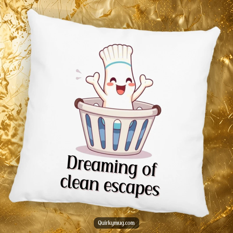 Funny sock character joyfully hopping out of laundry basket on a soft pillow, a great funny gift.