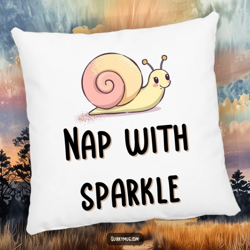 Funny Pillow featuring a cheerful snail character leaving a dazzling glitter trail, offering comfort and a humorous touch.