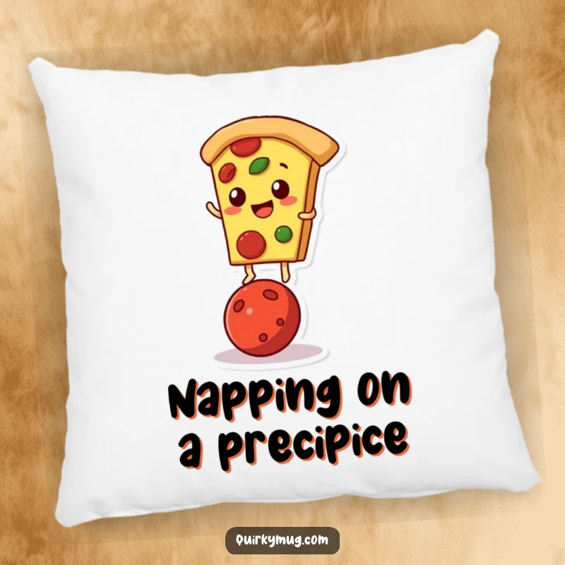Funny pillow with a pizza slice character performing a pepperoni balancing act, designed for comfort.