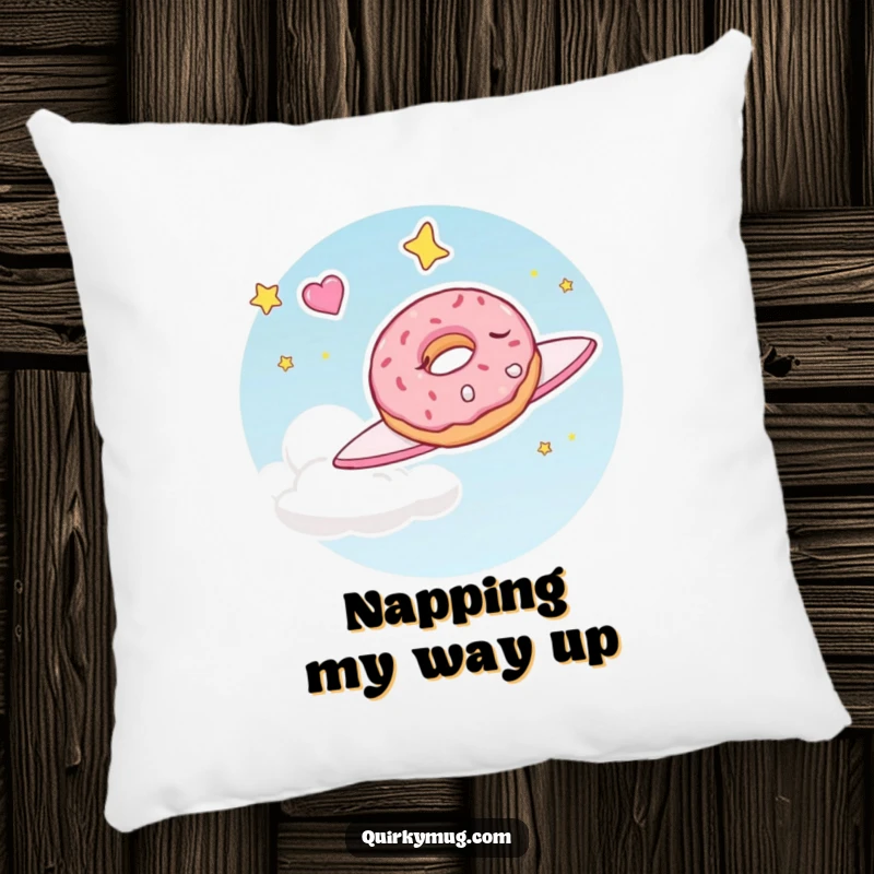 Funny pillow featuring a sleepy doughnut character dreaming of flying through the sky, providing comfort and a humorous, sweet accent.