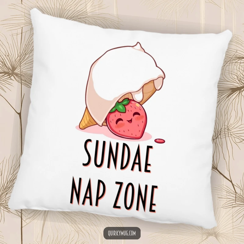 Funny pillow showcasing a blushing strawberry character peeking out from under a giant overturned ice cream cone, offering sweet comfort and humor.